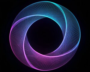 Swirling Geometric Ring of Blue and Pink Light Lines on Black Background abstract circle