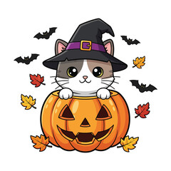 Cute halloween cat in a jack o lantern wearing a witch hat