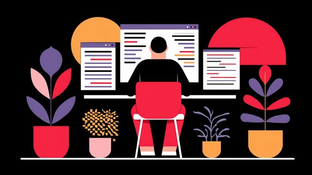 Abstract illustration of a programmer coding with plants, sun and moon in the background