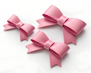 Three delicate pink satin ribbon bows arranged on a clean white background with soft lighting and subtle shadows Keywords: pink, bows, ribbons, satin, decorative, gift, celebration, party