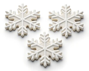 Three delicate white snowflake sugar cookies with intricate icing details arranged on a white background Keywords: snowflake, cookies, sugar cookies, icing, white, winter, Christmas, holiday