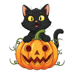 Cute black cat with a spooky jack o lantern pumpkin for halloween