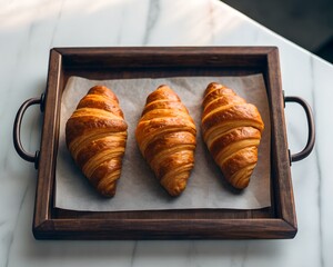 Three Golden Brown Croissants on Parchment Paper in a Wooden Tray (241