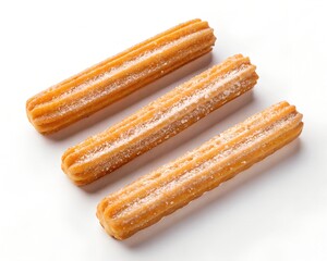 Three Golden Fried Churros Sprinkled with Powdered Sugar on a White Background Keywords: churro, churros, fried, pastry, sweet, dessert, sugar, powdered sugar, cinnamon, dough, baked, snack