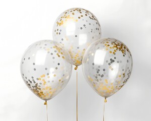Three transparent balloons filled with gold and silver confetti floating against a white background image