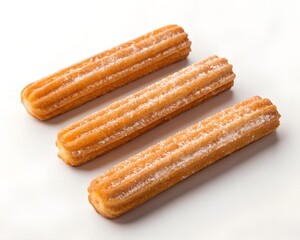 Three golden churros dusted with sugar on a white background food dessert
