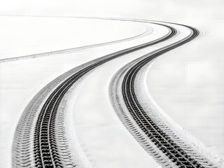 Tire tracks curving through a vast expanse of white snow in a high angle shot winter landscape