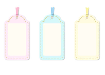 1. set of tags, price tags, name tags, in red, blue, and yellow
