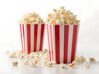 Two red and white striped buckets overflowing with popcorn on a white background image photo
