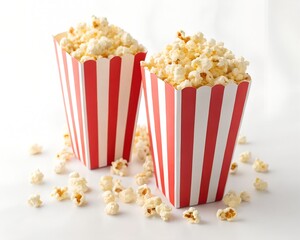 Two Red and White Striped Popcorn Boxes Overflowing with Popcorn snack movie snack