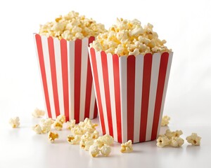 Two Red and White Striped Popcorn Boxes Overflowing with Popcorn and Scattered Kernels on a White Surface Keywords: popcorn, snack, movie, cinema, film, food, treat, kernels, buttered, salted