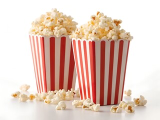 Two striped red and white popcorn buckets overflowing with popcorn on a white background movie cinema