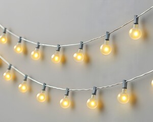 Two Strands of Warm Yellow Globe String Lights Hanging Against a Neutral Gray Wall with Soft Focus Keywords: string lights, globe lights, fairy lights, decorative, illumination, lighting, warm