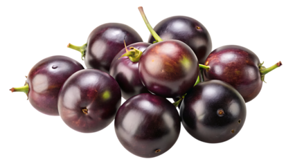 A group of dark purple, round fruits with short green stems, isolated on transparent background