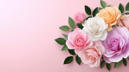 Fototapeta premium A beautiful arrangement of delicate roses in pastel shades of pink, peach, white, and lavender with green leaves is displayed on a soft pink background.