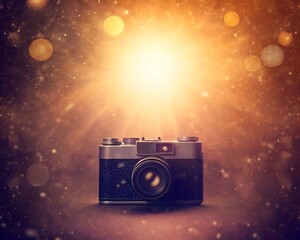 Vintage camera with glowing bokeh lights and lens flare effect retro photography
