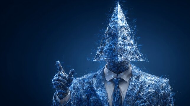 Abstract polygonal figure in a business suit, with a triangular shape replacing the head