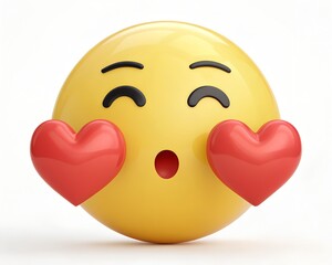 Yellow Emoji Face Blowing a Kiss with Red Hearts on White Background image photo