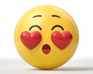 Yellow Emoji Face with Red Hearts for Eyes and Open Mouth on White Background Keywords: emoji, emoticon, face, yellow, heart, eyes, love, emotion, expression, happy, cheerful, excited, surprised