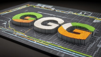 Abstract representation of the letter 'G' in multiple colors and patterns on a digital screen