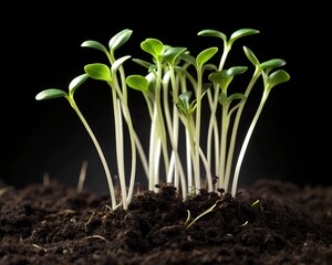 Young Green Seedlings Sprouting from Dark Soil Against a Black Background Keywords: seedlings, sprouts, green, young, plant, growth, new life, soil, dirt, dark, black background, nature
