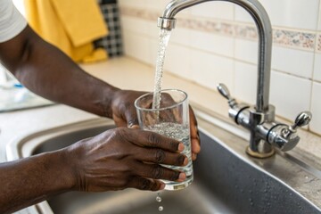 African American man pours water from a tap into a glass close up