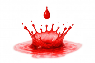 Red liquid droplet impacting, creating a crown splash and ripples, transparent background, dynamic vibrant design