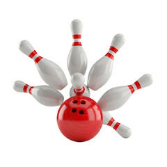 Red bowling ball, and white pins arranged in a radial pattern, cutout, PNG isolated on white or transparent background