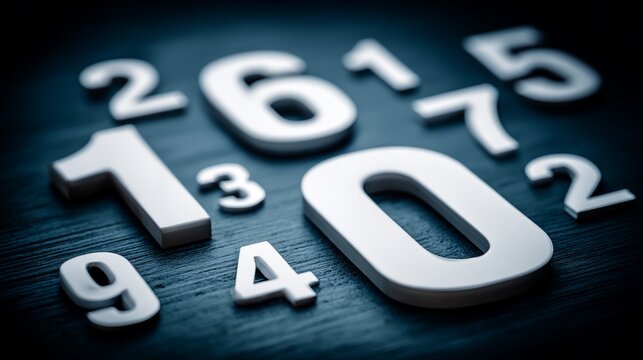 Arrangement of white three dimensional numbers on a dark background emphasizing a concept of - Powered by Adobe
