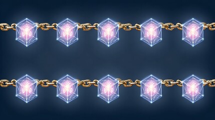 Blockchain technology concept depicting interconnected digital blocks linked by chains conveying