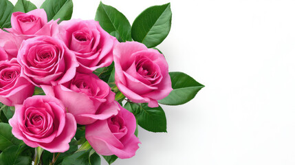 Fototapeta premium Beautiful bouquet of pink roses with vibrant green leaves creates a lovely floral arrangement, perfect for romantic occasions and delicate feminine themes.