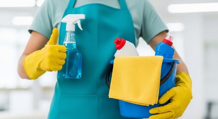 Professional cleaner giving thumbs up with cleaning supplies, ready for spring cleaning, perfect for home cleaning service promotion or hygiene product ads
