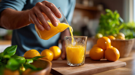 Middle-aged man pouring fresh orange juice into glass in bright kitchen, healthy breakfast on wooden table, morning sunlight, lifestyle concept, healthy breakfast routine, morning 