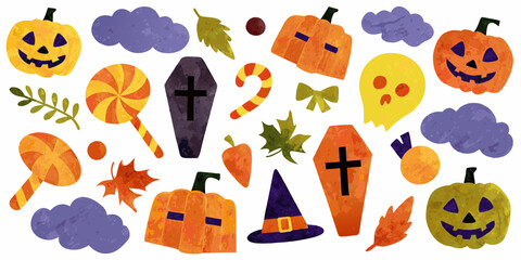 Naklejka premium Whimsical halloween collection featuring jack o lanterns pumpkins candy ghosts coffins and autumn leaves