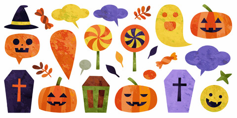 A whimsical collection of halloween icons including pumpkins ghosts candy coffins and witch hats with a textured watercolor style