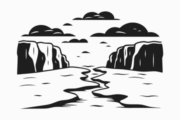 Black and white illustration of cliffs by river under cloudy sky  