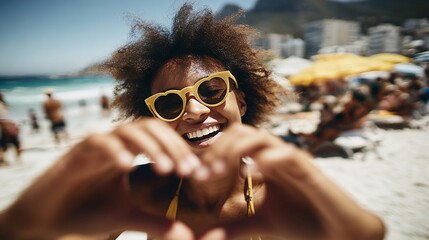 Cheerful woman making heart shape with hands on sunny beach vacation expressing love and happiness