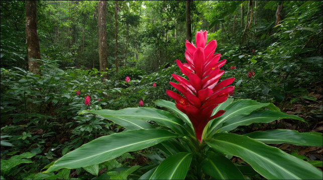 Vibrant red ginger flower stands prominently amidst the lush green foliage of a tropical rainforest, creating a stunning contrast of colors in nature's beauty. - Powered by Adobe