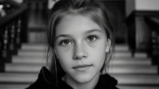 A young girl looking contemplative at the camera.