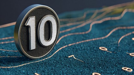Close-up of the Number Ten in a Metallic Design with a Textured Background creating visual intrigue