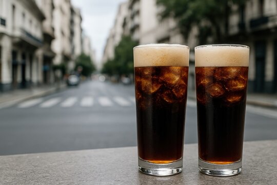 Two tall glasses of fernet with ice and foam on a city street background in Buenos Aires, urban beverage scene.
