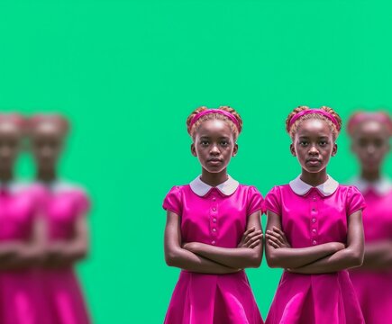 Surreal concept of duplicity and identity. Two identical girls in vibrant pink dresses stand confidently in focus, with blurred duplicates behind them against a bold green background, creating a strik