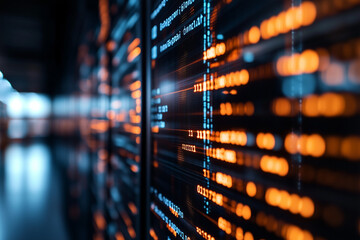 Abstract colorful digital code lines on a dark background. Futuristic tech concept for programming, data flow, cybersecurity, or digital networks.