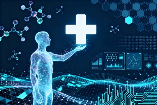 Futuristic 3D illustration of digital health technology showing a human figure interacting with holographic medical symbols and data. - Powered by Adobe