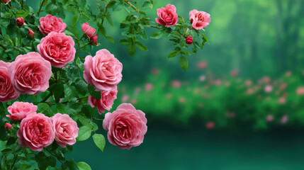 Naklejka premium A cluster of beautiful pink roses blooms vibrantly in a garden setting with soft lighting highlighting their delicate petals against a blurred green backdrop.