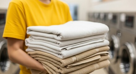 Freshly laundered towels stacked neatly, ready for hotel guests or a spa day, promising comfort and cleanliness for a relaxing experience