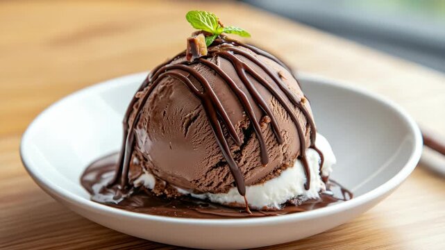 An indulgent chocolate ice cream sundae with whipped cream, a cherry, and a drizzle of chocolate sauce.