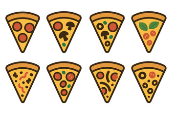 Pizza slices with various toppings vector icon set. Simple cartoon collection of different pizza types.