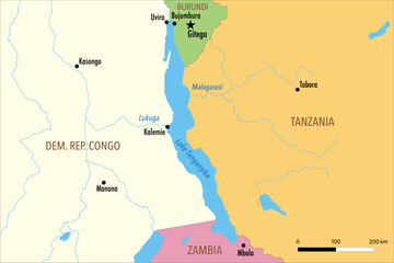 Obraz premium Vector Map of Lake Tanganyika with Surrounding Countries and Major Cities