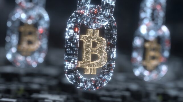 Digital chain links with golden bitcoin symbols, cryptocurrency and blockchain concept render